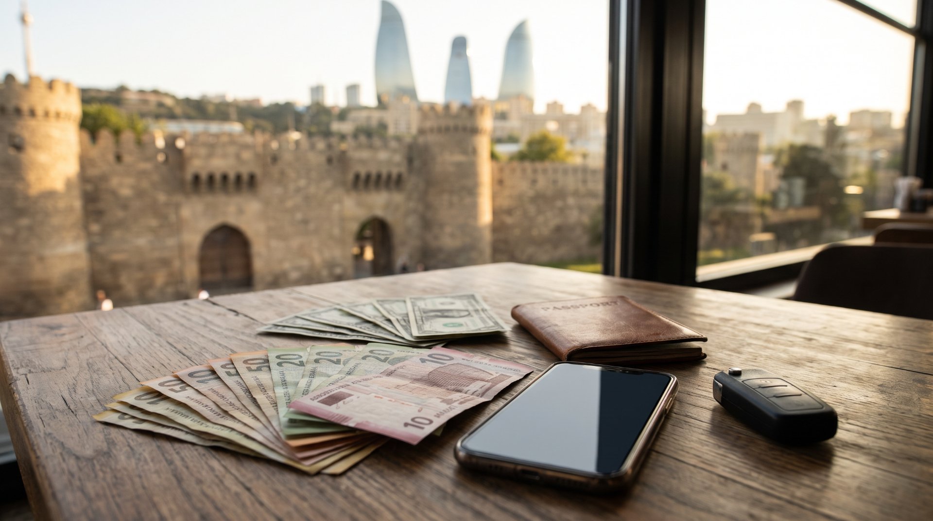 أوراق نقدية من المانات الأذربيجاني وجواز سفر ومفتاح سيارة على طاولة في باكو