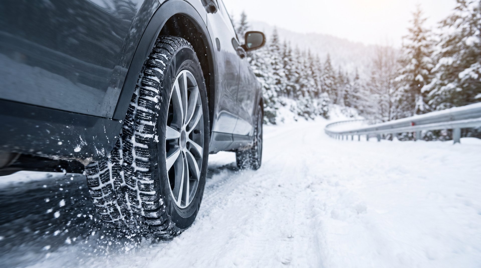 SUV wheel with a winter tyre on a snowy mountain road
