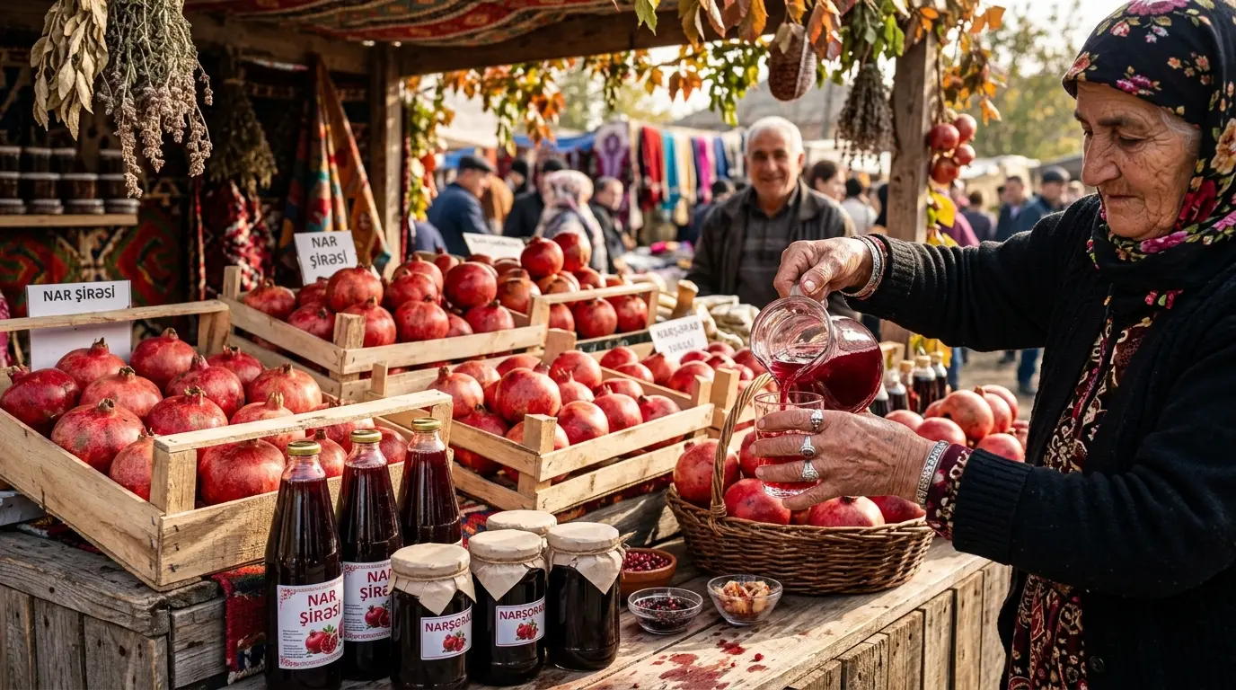 Bazarda taxta qutularda nar, təzə nar şirəsi butulkaları və nar sousu bankaları, satıcının əlləri stəkana şirə tökür