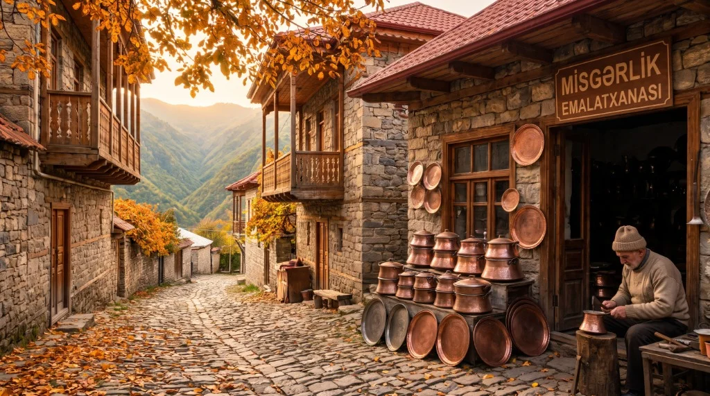 Payızda Lahıc kəndində daş döşənmiş dar küçə, daş evlər və taxta eyvanlar, "Misgərlik emalatxanası" lövhəsi olan dükan qarşısında mis qazanlar və məcməyilər, mis ustası iş başında