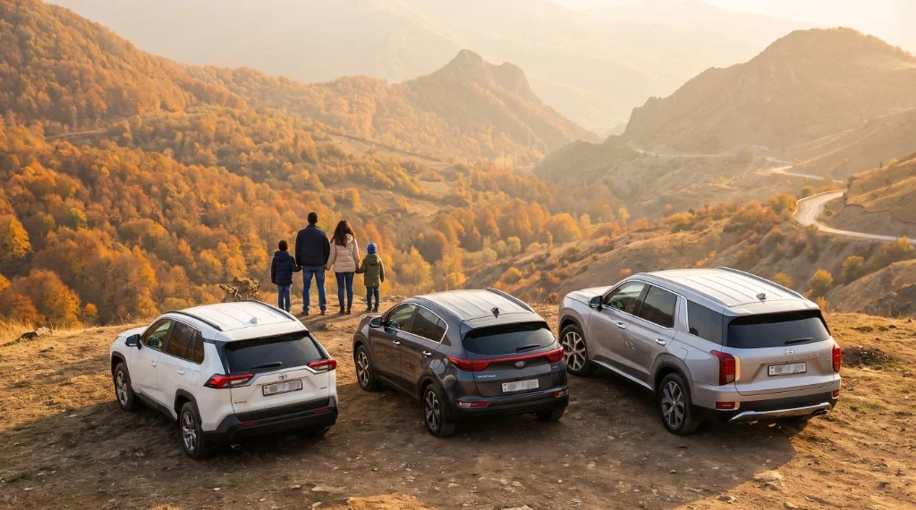 Payız səfəri üçün SUV seçimi Payız dağ baxış nöqtəsində park edilmiş üç SUV: ağ və tünd boz kompakt krossover və iri gümüşü SUV, qarşıda dörd nəfərlik ailə qızılı meşəli vadiyə baxır